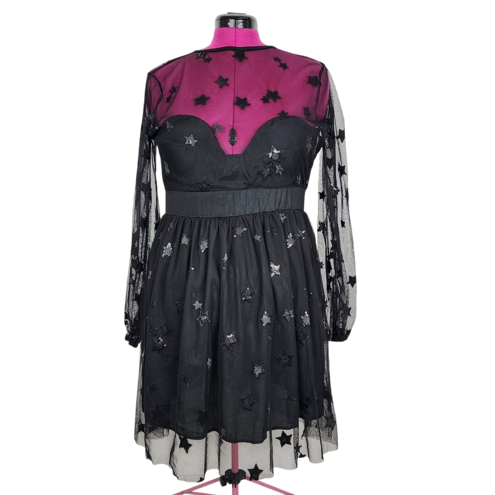 Black Sequin Lace Fairy Tulle Dress Goth Victorian Renaissance Fit Flare Party - Picture 2 of 16
